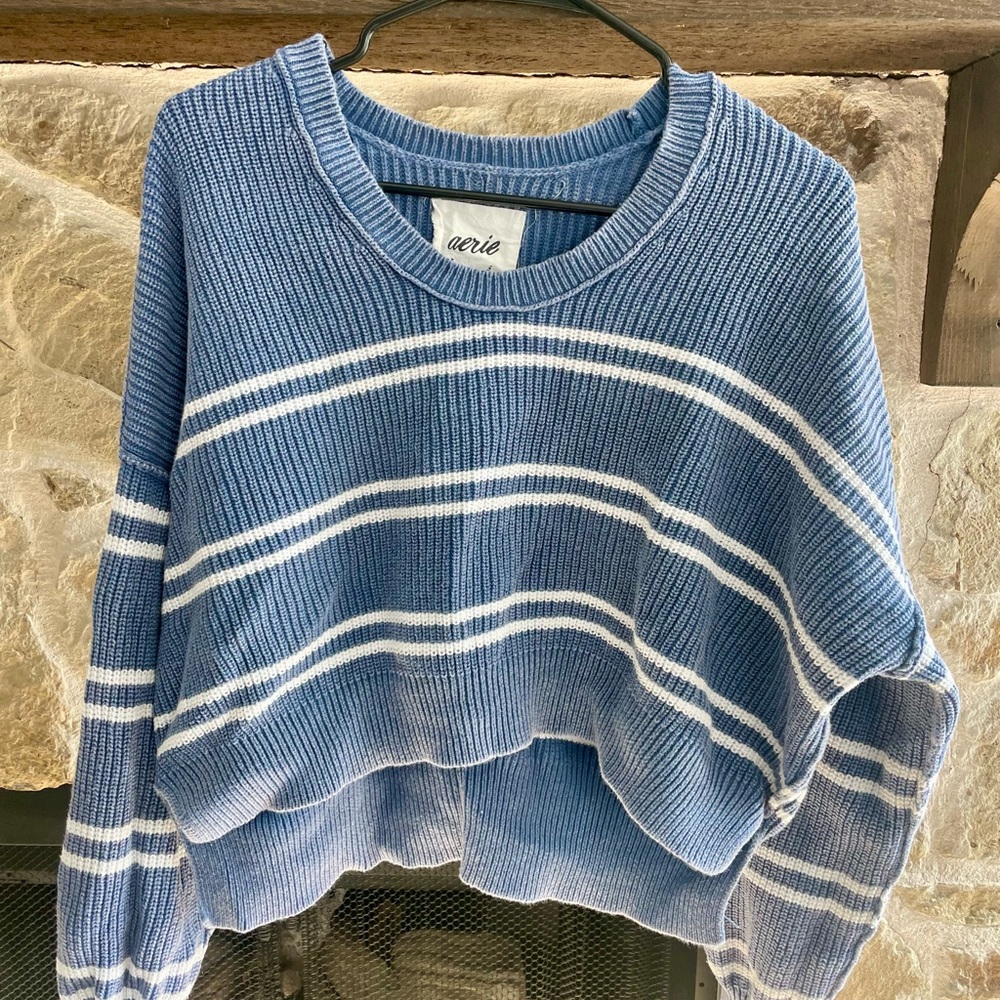 Aerie Blue and White Striped Crew Neck Sweater